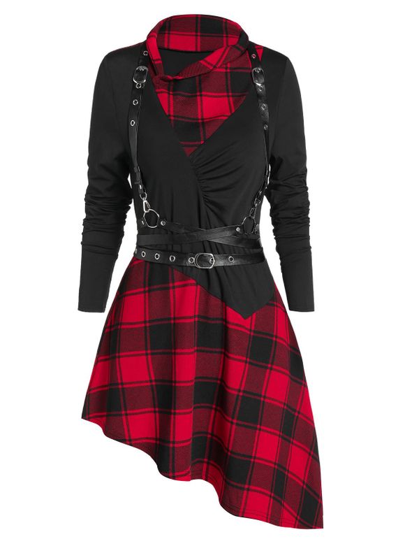 Robe Gothique Asymétrique à Carreaux Imprimé avec Harnais en Faux Cuir - Noir XL