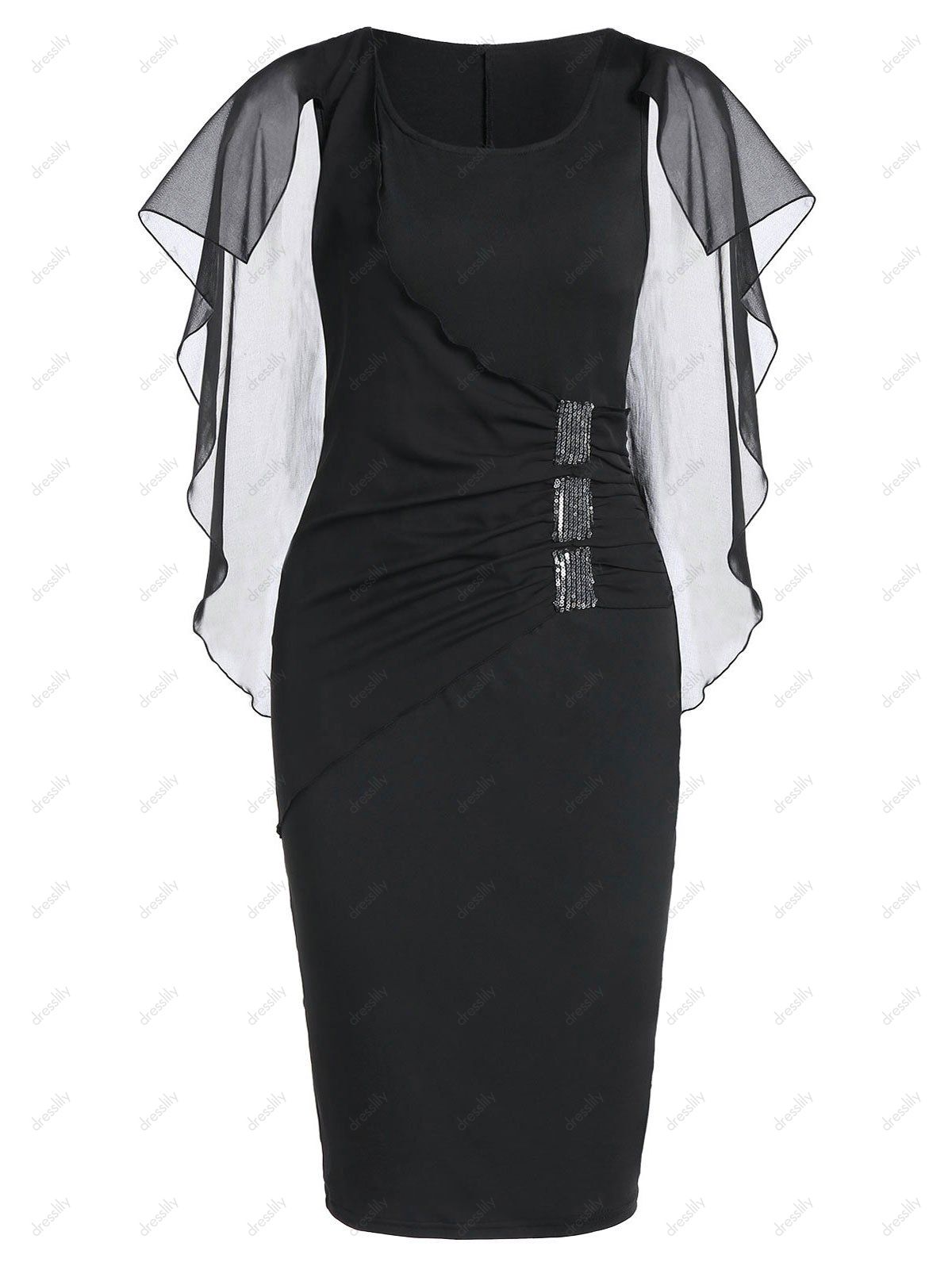 [46 OFF] 2020 Chiffon Insert Ruched Cape Bodycon Gothic Dress In BLACK