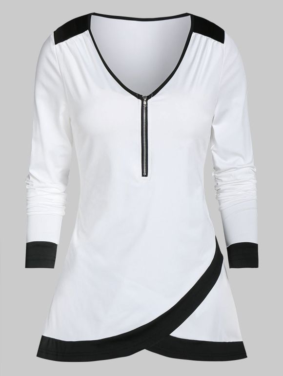 T-shirt Zippé Contrasté à Col V - Blanc M