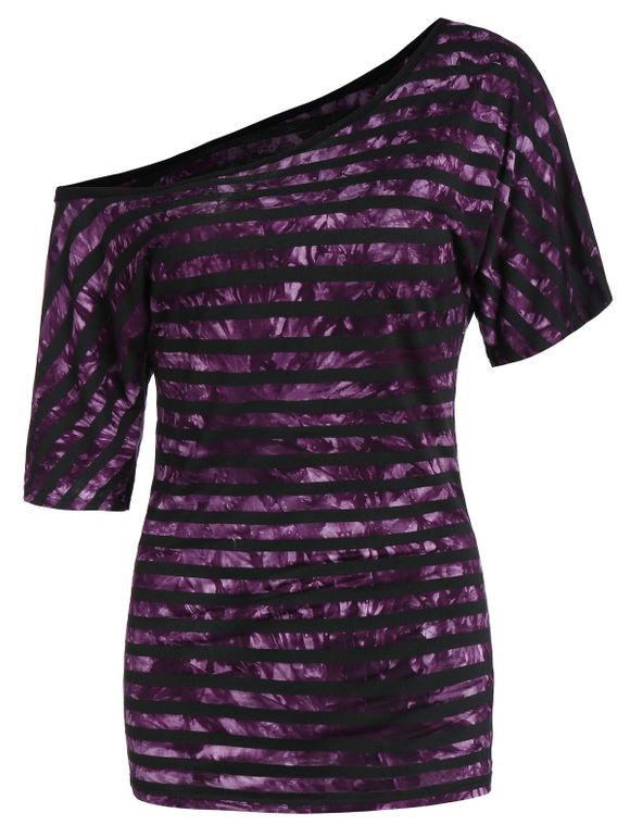 T-shirt Rayé Fleur Imprimée à Col Oblique - Violet Terne 2XL