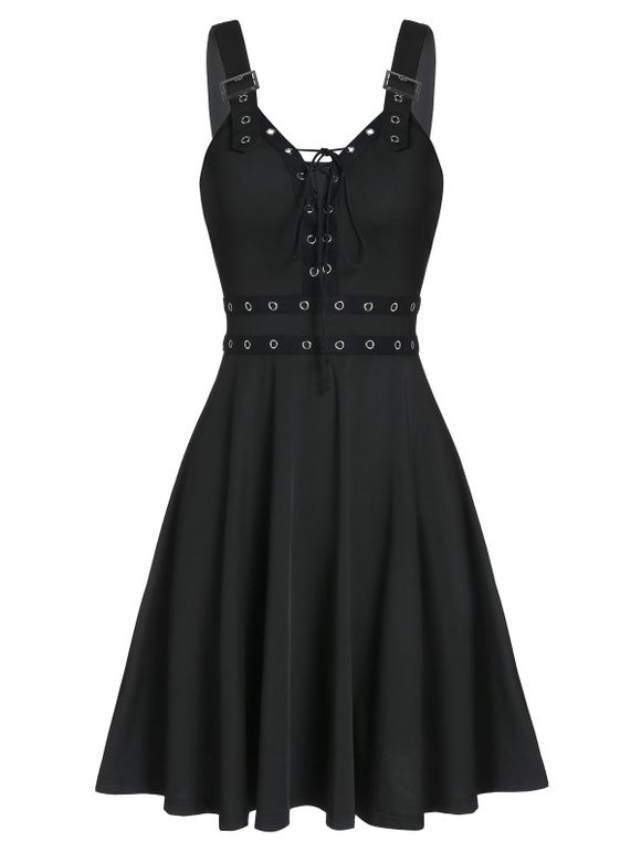 Lace Up Solid Fit And Flare Gothic Dress - BLACK S