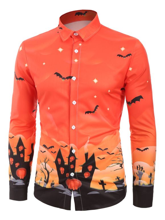 Chemise avec Imprimé Chauve-souris et Maison à Manches Longues - Orange Halloween L