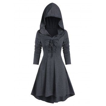 

Hooded Lace-up Heathered High Low Gothic Dress, Dark gray