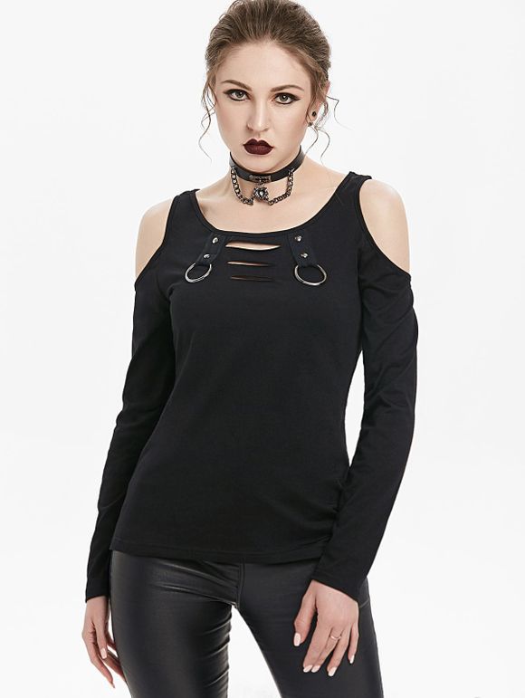T-shirt Gothique Anneau en O Clouté à Epaule Dénudée - Noir 3XL