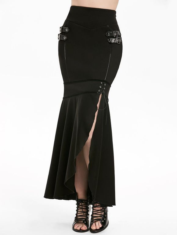 Jupe de Sirène Gothique Bouclée Fendue à Lacets - Noir XL