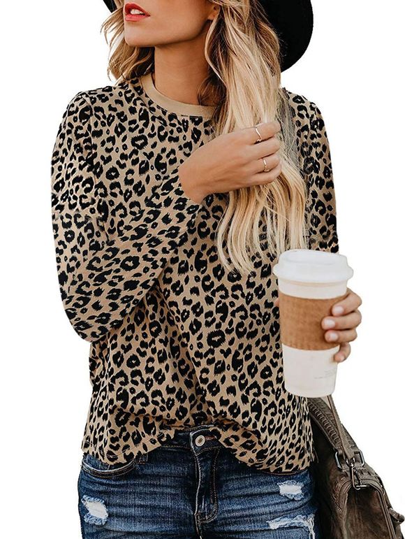 Leopard Long Sleeve Casual T-shirt - LIGHT KHAKI 2XL