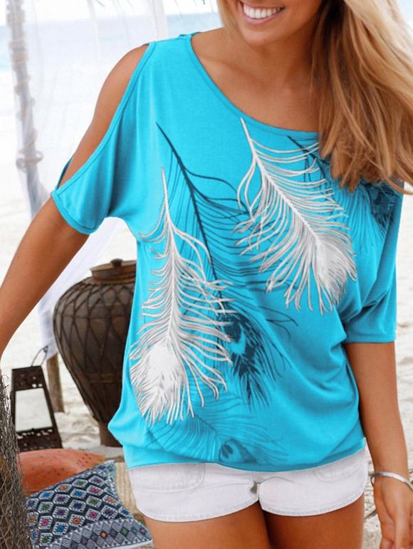T-shirt Blouson à épaules dénudées et plumes de paon - Céleste S