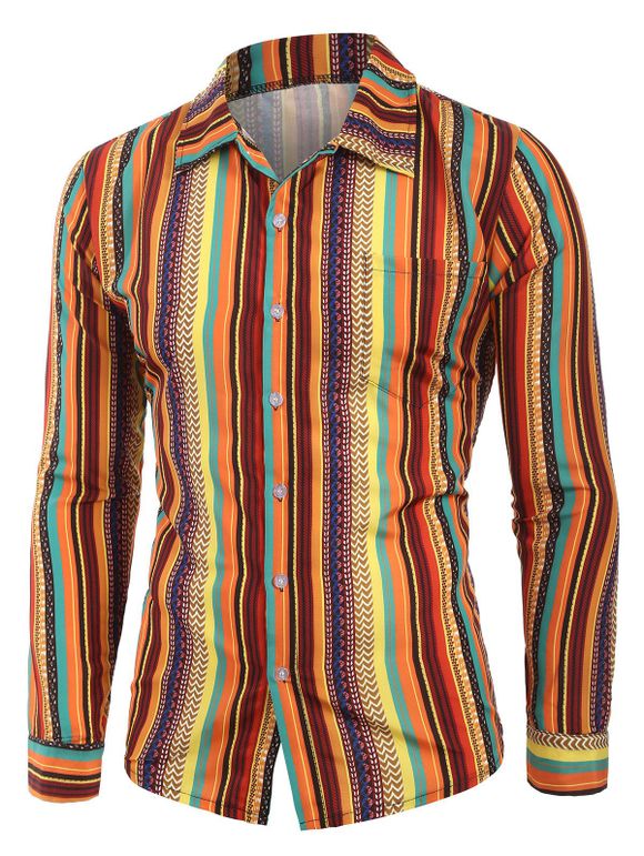 Chemise Vintage Rayée à Manches Longues avec Poche - Orange XL