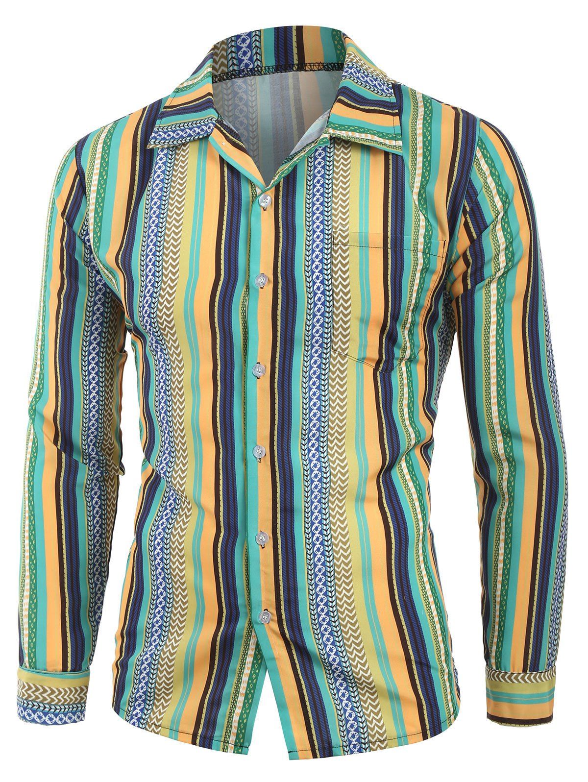 Chemise Vintage Rayée à Manches Longues avec Poche - Turquoise XS
