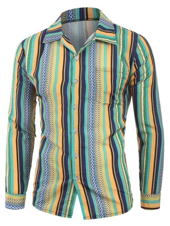 Chemise Vintage Rayée à Manches Longues avec Poche - Turquoise XL