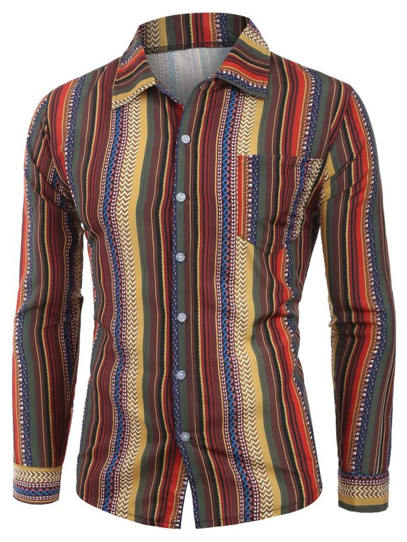 Chemise Vintage Rayée à Manches Longues avec Poche - café XL