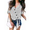 Roll Tab Sleeves Buttons Striped Knotted Blouse - LIGHT GRAY S