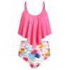 Splash Tie Dye Ruched Overlay Tankini Swimsuit - ROSE RED XL