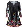 T-shirt Plissé Fleurie Imprimé Grande Taille à Col V - Noir 2X