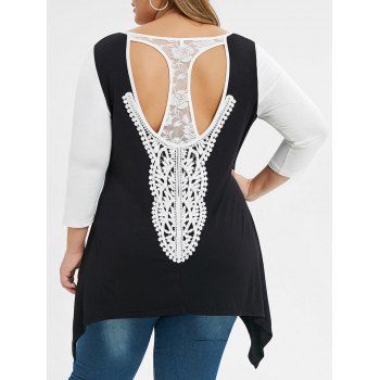 

Lace Panel Crochet Cutout Plus Size Asymmetrical Top, Black