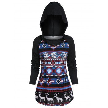 

Christmas Hooded Raglan Sleeve Tribal Print Kangaroo Pocket Knitwear, Black