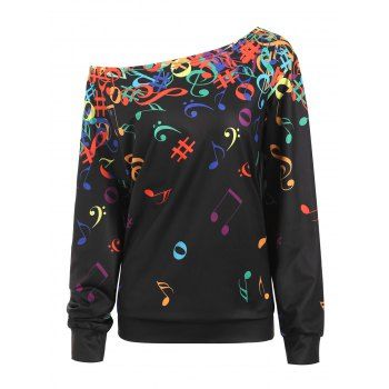 

Plus Size Skew Neck Music Nots Print Sweatshirt, Black