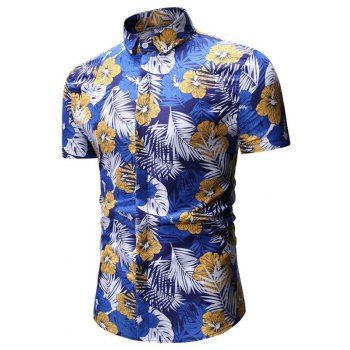 

Flower Tropical Leaf Print Button Down Shirt, Blue