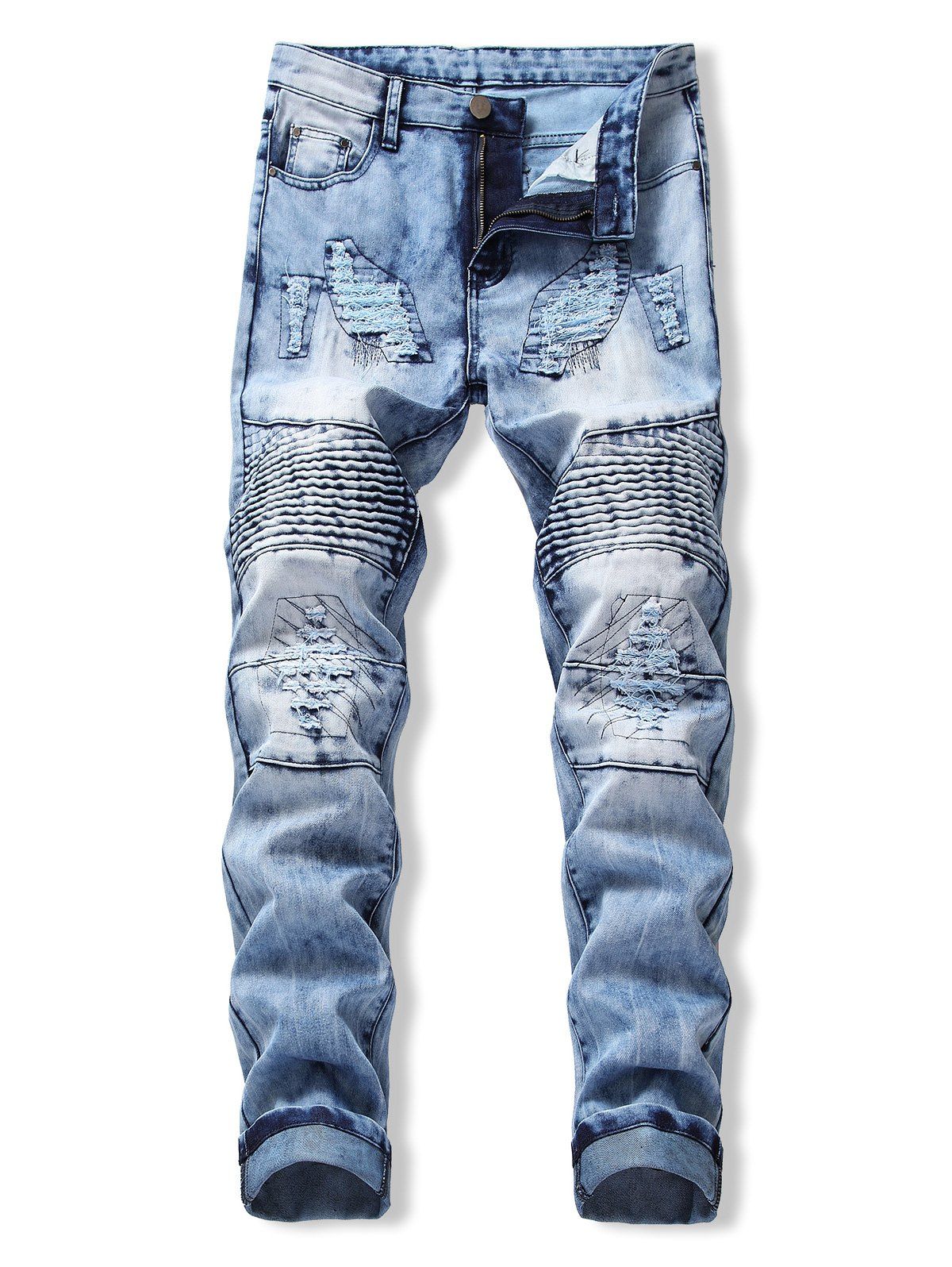[25% OFF] 2021 Drape Panel Ripped Design Flanging Jeans In DENIM BLUE ...