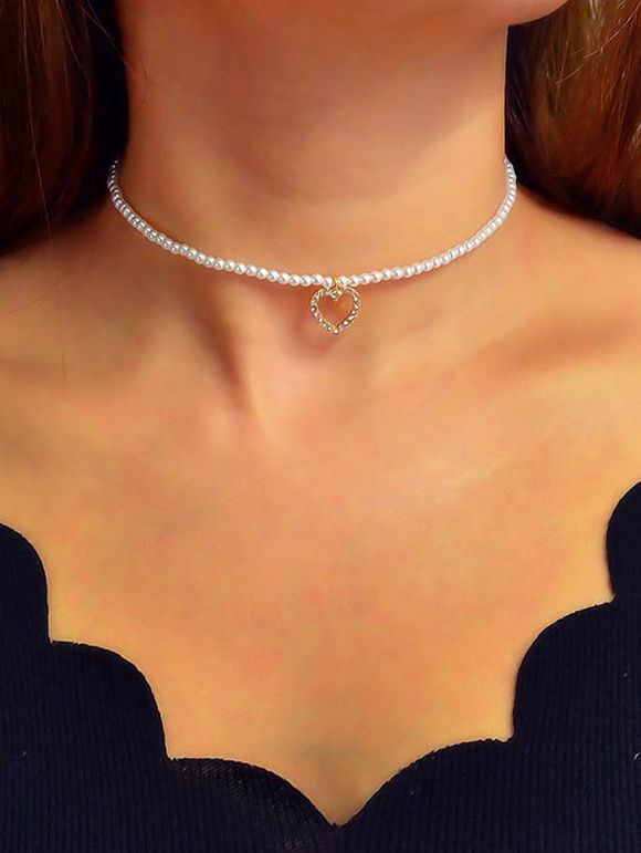 Collier Perlé Cœur avec Strass en Fausse Perle - Blanc 