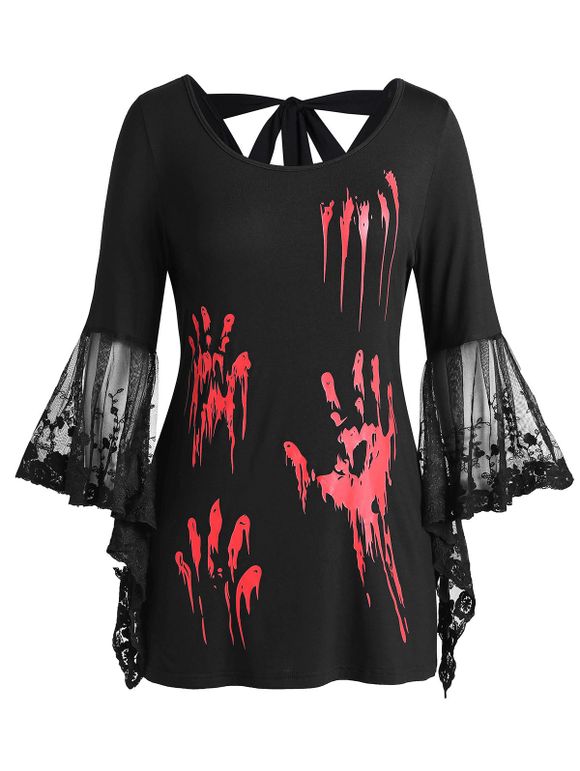 Plus Size Halloween Blood Hands Bell Sleeve Sheer Tee - BLACK 3X