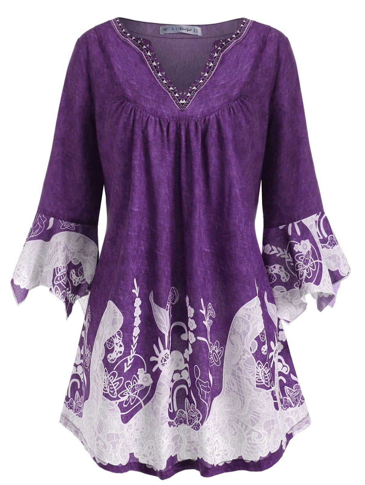 [47% OFF] 2020 Notched Printed Flare Sleeve Plus Size Top In PURPLE ...