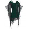 T-shirt Gothique Croisé en Dentelle Insérée à Manches Papillon - Vert Foncé S