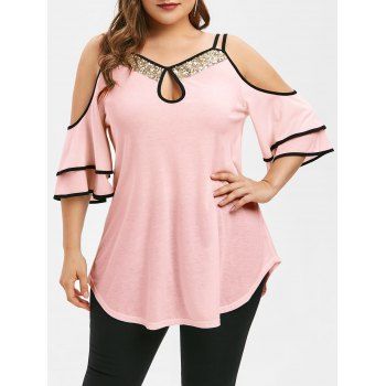 

Plus Size Cold Shoulder Contrast Trim Keyhole T-shirt, Pink