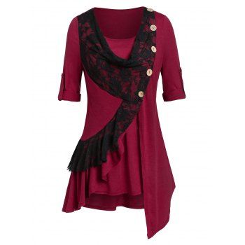 

Plus Size Lace Panel Roll Up Sleeve Asymmetrical Tee, Red wine