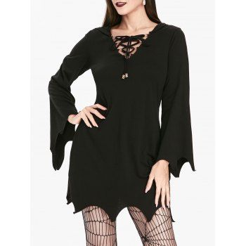 

Gothic Hooded Lace Up Sharkbite Trim Dress, Night