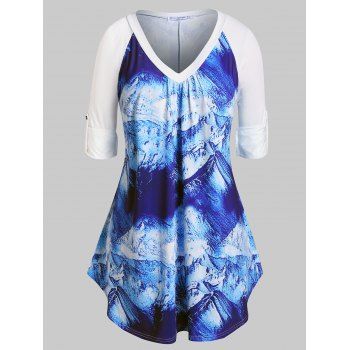 

Plus Size Roll Up Sleeve Snow Mountain Print T-shirt, Blueberry blue