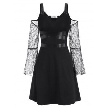 

Buckled PU Leather Panel Lace Sleeve Plus Size Gothic Dress, Black