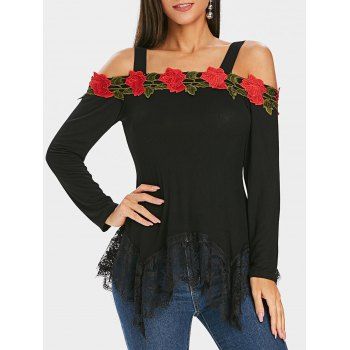 

Floral Appliqued Lace Panel Asymmetric Tee, Black
