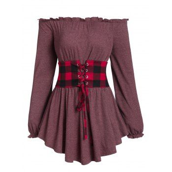 

Checked Panel Off The Shoulder Lace Up T Shirt, Red wine