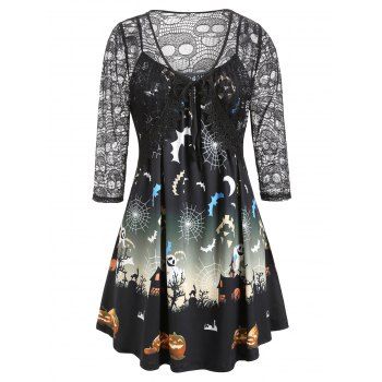 

Plus Size Hollow Out Halloween T Shirt with Cami Tank Top, Black