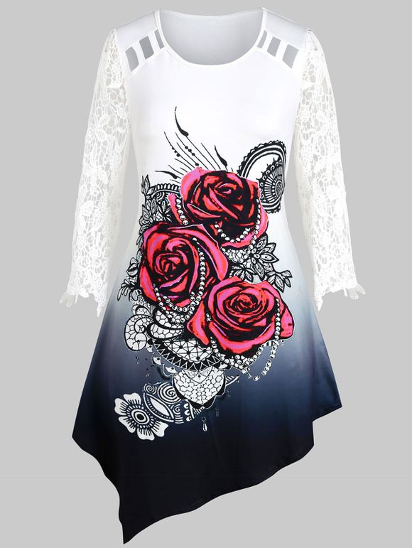 T-shirt Ombré Panneau au Crochet Asymétrique à Imprimé Fleur de Grande Taille - multicolor L