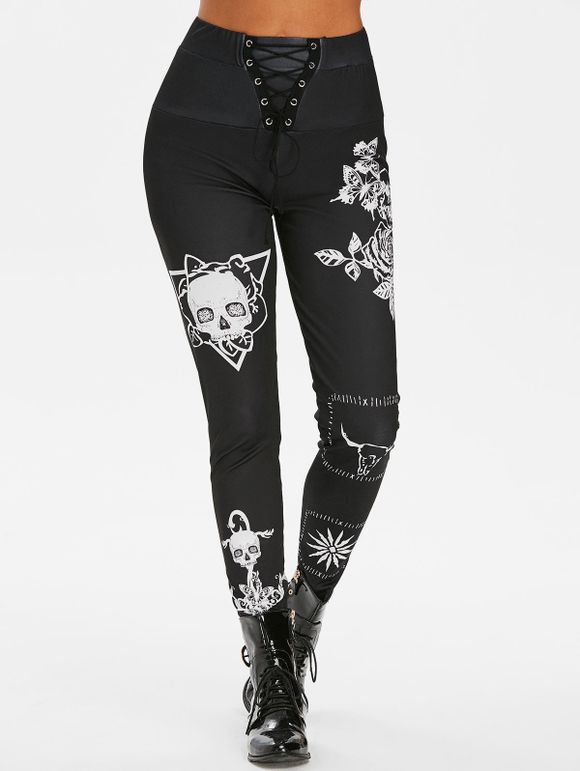 Pantalon Gothique Fleur et Crâne Imprimées à Lacets - Noir M