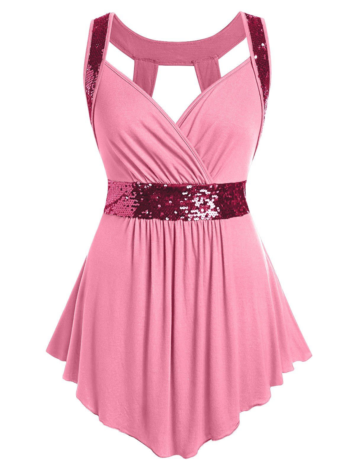 

Plus Size Sequined Surplice Cut Out Tank Top, Blush red