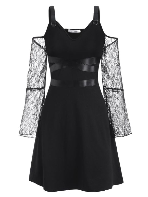 Robe Gothique Bouclée à Manches en Dentelle Panneau en Cuir PU de Grande Taille - Noir L