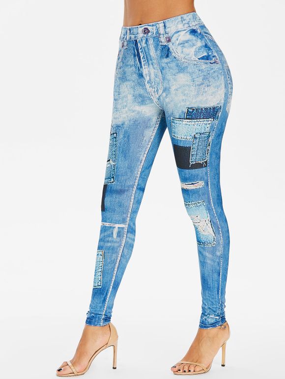 Legging 3D Jean Déchiré Imprimé à Taille Haute - Bleu de Jean XL