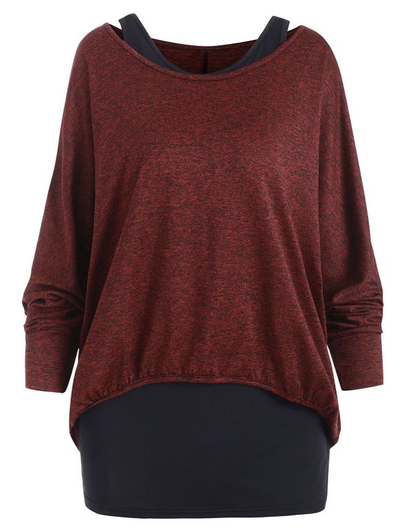 T-Shirt Teinté Haut Bas avec Débardeur - Rouge Cerise XL