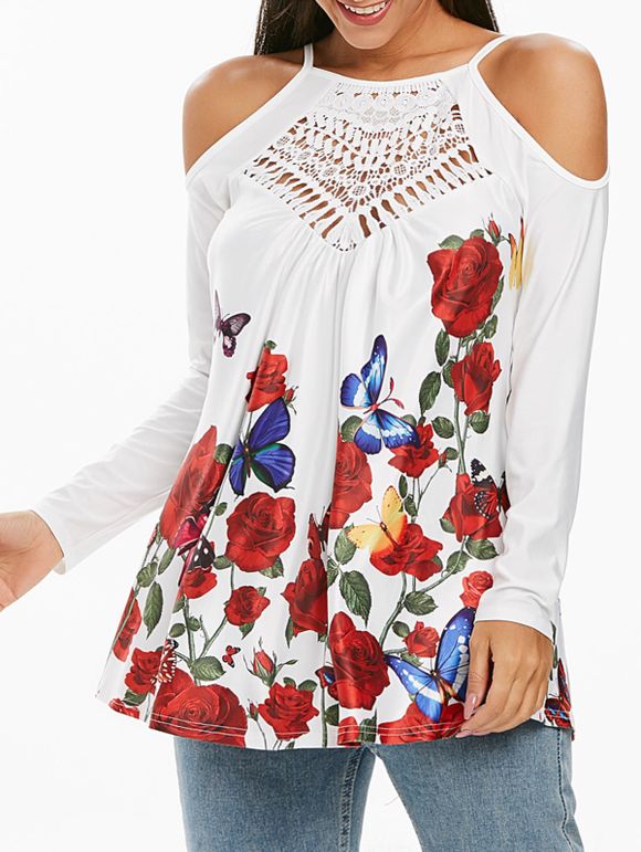 T-shirt Fleuri Papillon en Dentelle au Crochet à Epaule Ouverte - Blanc XL