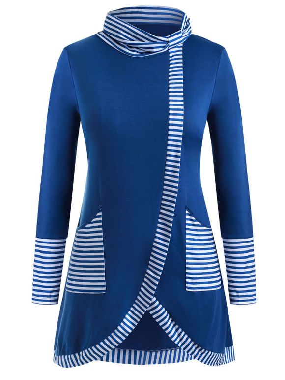 Sweat-shirt Long Panneau Rayé de Grande Taille à Col Bénitier - Ardoise bleue 2X