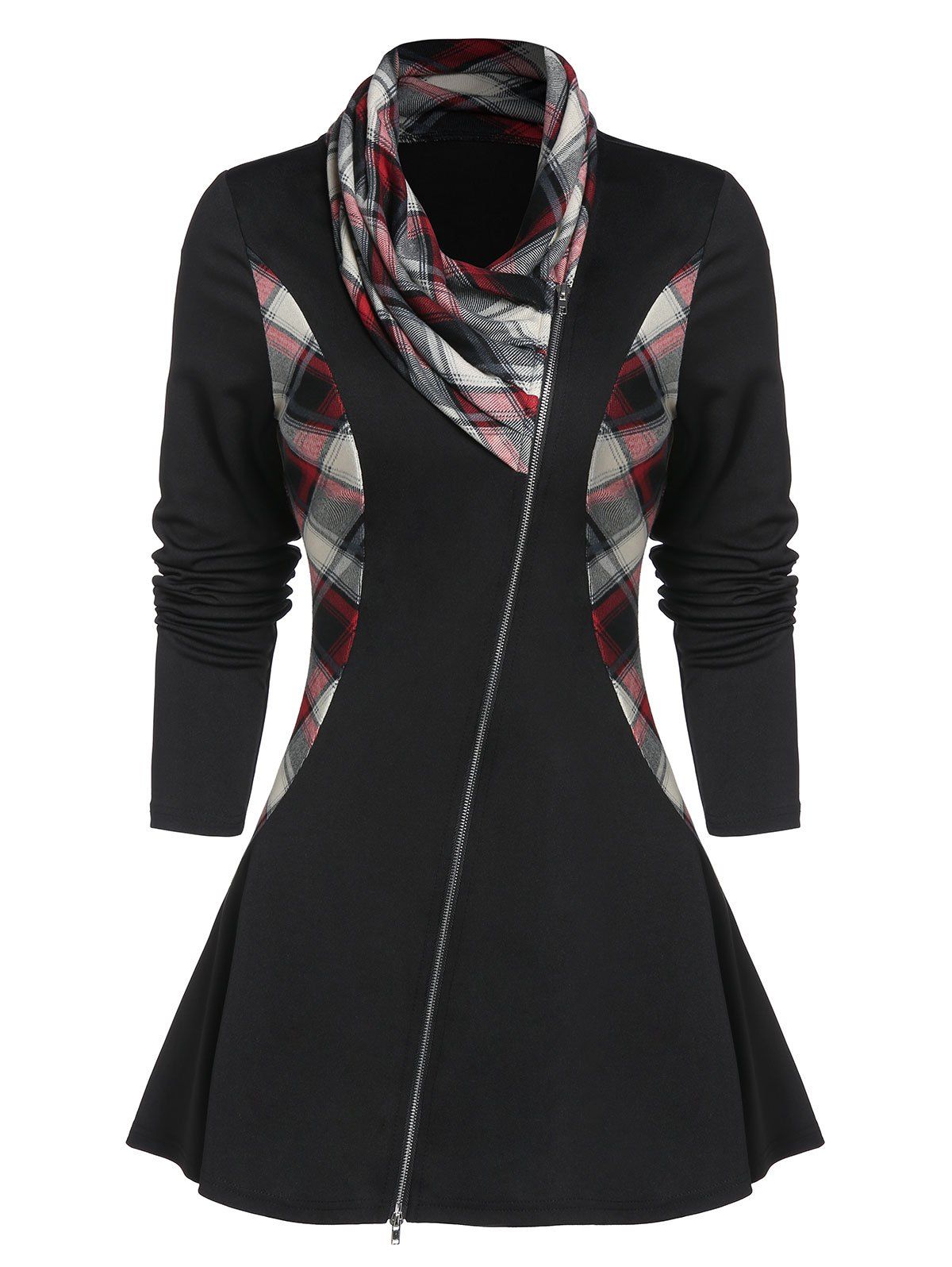 [28% OFF] 2021 Zippered Plaid Panel Cowl Collar Coat In BLACK | DressLily