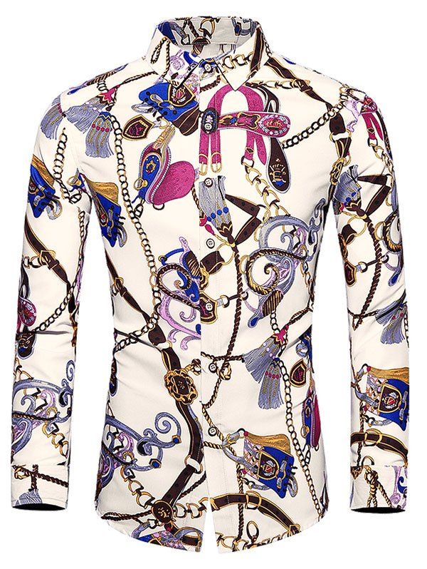 

Casual Chain Print Long Sleeve Shirt, White