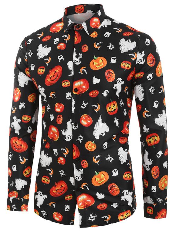 Chemise d'Halloween Citrouille Imprimée à Manches Longues - Noir XL