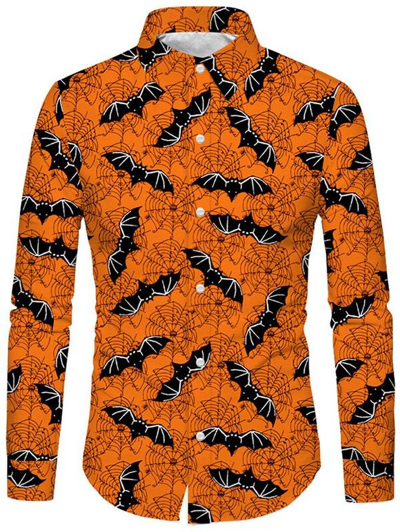 Chemise Motif d'Araignée et de Chauve-souris à Manches Longues - Orange Halloween M