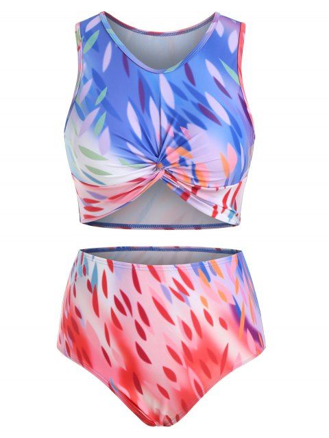 Ombre Leaves Print Vacation Swimwear Twisted High Rise Tankini Swimsuit