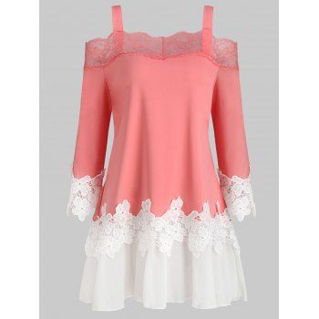 

Lace Panel Cold Shoulder Plus Size Top, Flamingo pink
