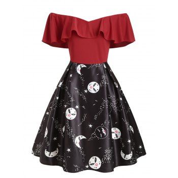 

Off The Shoulder Flounce Printed Plus Size Vintage Dress, Red